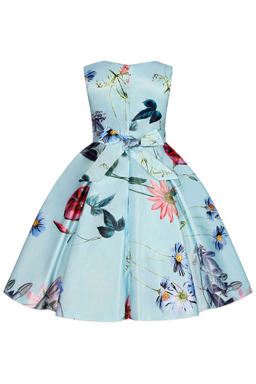A Line Jewel Neck Light Blue Printed Girl Dress